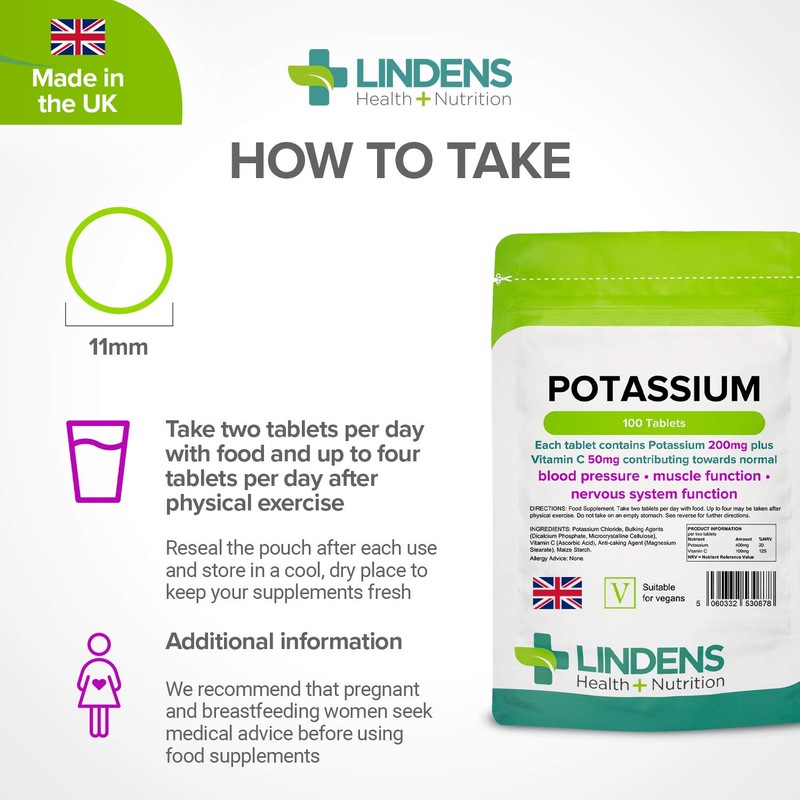 Lindens Potassium 200mg Tablets with 50mg Vitamin C - 100