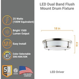 Diodesy- Flush Mount Ceiling Double Ring Light Fixture 18 Inch 25W 3000K/4000K/5000K Color Selectable 1500LM Dimmable LED Round Dual Band Trim Brushed Nickel for Kitchen Bedroom Hallway ETL Listed