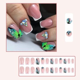 24 Pcs Press on Nails Short Square,YIHONGYAN 3D Rhinestones Fake Nails Press ons Pink Nail Tip Acrylic Kit Glue on Nails Full Cover False Nails with Butterfly Glossy Design Stick on Nails Woman