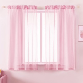 DUALIFE Pink Sheer Curtains 54 inches Long for Girls Room with Rod Pocket Small Short Sheer Pink Voile Window Drapes 45 Inches Long for Nursery Kitchen Bathroom Basement 52x54 Inch Each Panel