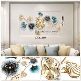 Axioglo Wall Clocks for Living Room Decor,Large Wall Clock,3D Creative Metal Ginkgo Leaf Design,with Silent Movement Wall Clocks for Home Wall Decor Clock（32"x18"）