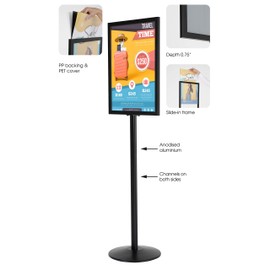 M&T Displays Sign Holder Stand, Black 18x24 Inch Poster Frame Double Sided Slide-in Aluminum Easy Loading Floor Standing Pedestal Advertisement Post Commercial Menu Holder Round Heavyweight Base