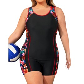 Daci Traje de baño de una pieza para mujer, de talla grande, traje de baño deportivo de cobertura completa, negro, rojo, flor (Black Red Flower), 14 Plus