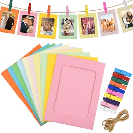 30Pcs Colorful Paper Photo Frame with 30Pcs Clips and 3Pcs Hanging Ropes, 6x4 inch Paper Cardboard Picture Frames, Hanging Album Frame for Home School Office Wall Decoration