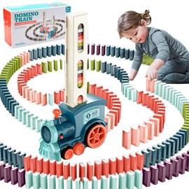 Domino Train Toy Set with 100PCS Domino Blocks, Automatic Domino Laying Electric Train with Sound, Kids Building and Stacking Train Dominoes Game Toys for 3+ Years Old Boys and Girls (100pcs)