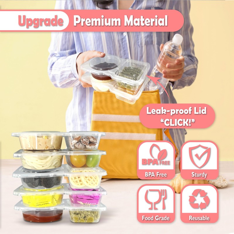 LACEEZEN 20Pack Reusable Snack Containers with Lids, Two Compartment Condiment