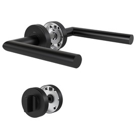 KeZaara Door Handles Interior Doors Bathroom Door Handle Set Matte Black Toilet Door Handle Stainless Steel with Rounded Rosette Diameter 52 mm Door Fitting for Room Doors from 20 mm to 55 mm L Shape
