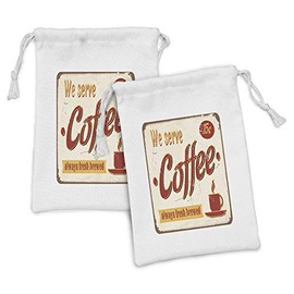Ambesonne Retro Fabric Pouch Set of 2, Tin Rusty Faded Fresh Brewed Coffee Print from Old Days Fifties Style Art Work, Small Drawstring Bag for Toiletries Masks and Favors, 9" x 6", Cream Red Orange