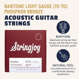 Stringjoy NB1570 Phosphor Bronze Acoustic Guitar Strings, 15-70 Baritone Light Gauge, Acoustic Guitar Strings for Clear Tones, Durable Light Guitar Strings, Naturals 6 String Set