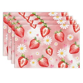 Juego de 4 manteles individuales de fresa rosa, 12 x 18 pulgadas, frutas, rojo, dulce, margaritas, corazón, acuarela, resistente al calor, para comedor, cocina, cumpleaños, fiesta, decoración de día