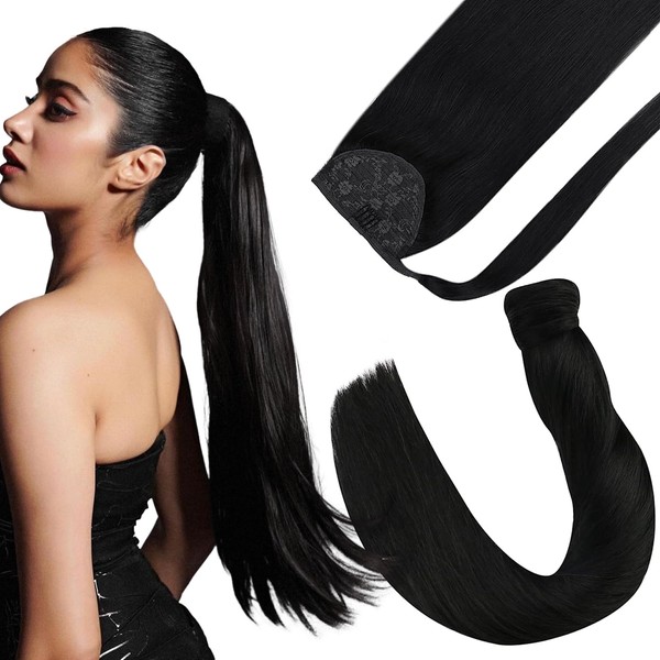 Sunny Human Hair Ponytail Extensions Black For Women Wrap Around Real Hair Extensions Clip in Ponytail Jet Black Pony Tails Extensions Real Human Hair Color 1 80g 20Inch