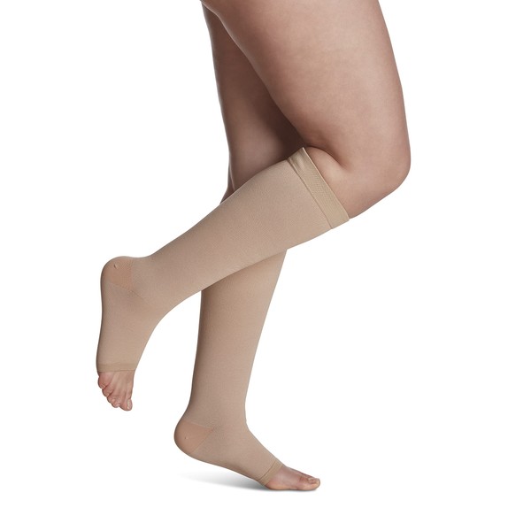 Sigvaris Natural Rubber Calf High Open Toe Compression Stockings, 40-50 mmHg