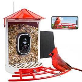 Birdkiss Smart Bird Feeder with Camera Solar, Auto Capture Bird Videos & Motion Detection, Bird Watching Camera Notify in Time, Metal Bird Feeder with Seed Guard, Ideal Present for Bird Lovers (Red)