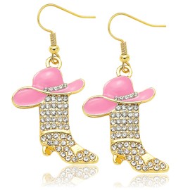 Rhinestone Western Boots Earrings Cowgirl Cowboy Enamel Hat Bohemian Rodeo Boot Drop Dangle Earrings for Women，Clear Crystal,Gold & Pink Hat