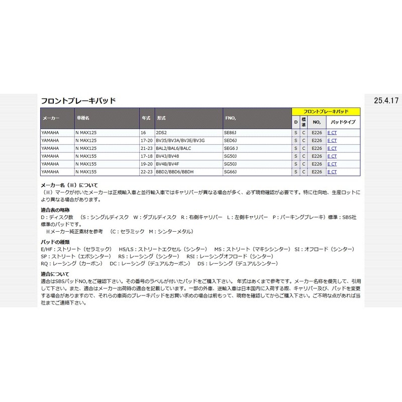 Kitaco SBS Brake Pad (Front) E226 NMAX, NMAX155 777-0226000