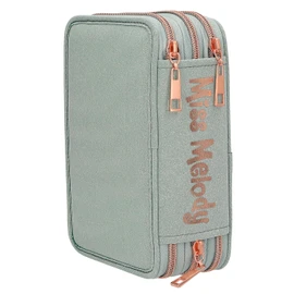 Depesche 13403 Miss Melody Romantic Fields - Filled 3-Compartment Pencil Case in Green, with Horse Motif, Flowers and Glitter, Pencil Case with Colouring Pencils, Ruler, Scissors etc.
