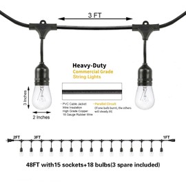 SUNTHIN Outdoor String Lights, 48FT Commercial Grade String Light with 15 11W Dimmable Edison Vintage Bulbs, Hanging for Outside, Patio, Garden, Backyard, Porch, Deck, Pergola, Party
