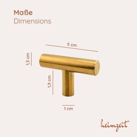 heimzeit Cabinet Knobs Bar for Doors, Drawers and Dressers Made of High-Quality Stainless Steel [Pack of 12] T-shaped, Colour: Gold, Stylish Design, Furniture Knobs with Single Hole Handle and Screws