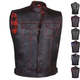 SOA Men's Premium Leather Motorcycle Vest with Biker Club Concealed Carry Gun Pockets w/Armor Flannel Red L