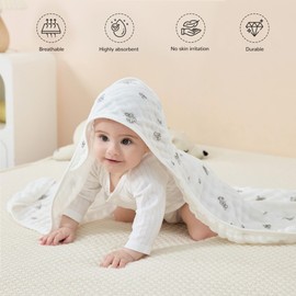 JELLYMONI Muslin Baby Hooded Bath Towels for Newborn, 2 Pack 100% Cotton Baby Bath Towel with Hood for Baby, Infant, Toddler and Kids, Large 32 x 32 Inch Baby Bath Towels Soft and Absorbent