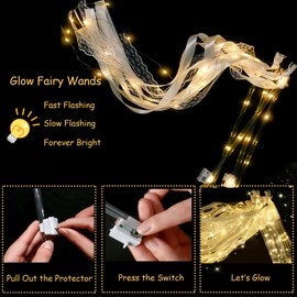 100pcs Light Up Wands for Wedding Send Off Ideas Streamers Fairy Ribbon White Glow Sticks with Bells for Reception Sparklers Led Lights Dark Birthday Party Church Exit Prop Recessional