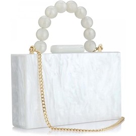 Acrylic Purses Evening Clutch Bag Marbling Handbags for Women Cross Body Bag with Pearl Chain Formal Wedding Prom Party (White)