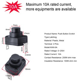 Gebildet 10 x 18 x 13 Micro Mini On/Off Switch with Self-Locking 10 A, 250 V, Self-Locking Push Button Switch for DIY SMD Flashlights, Type KAN-9A