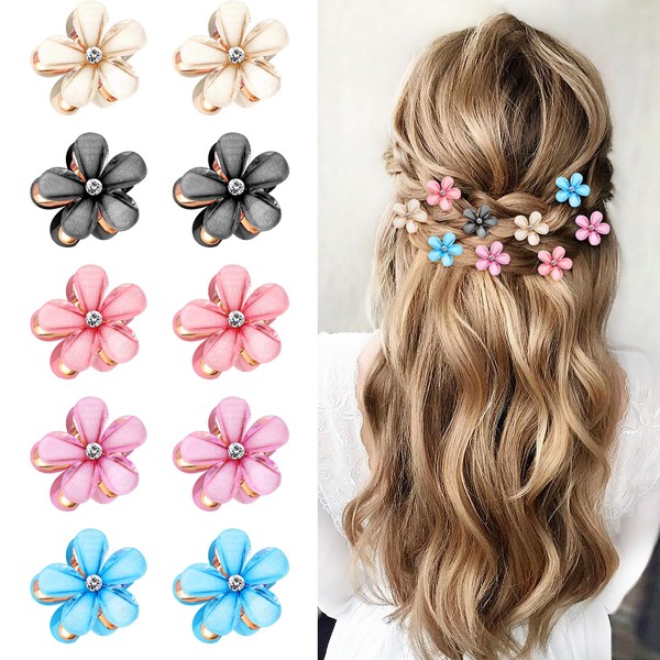 Paderison 10Pcs Small Flower Hair Clips for Girls Women Mini Metal Flower Claw Clips with Crystal Tiny Cute Colorful Barrettes for Sweet Bangs Hair Pins for Kid Teen Hair Accessories for Women