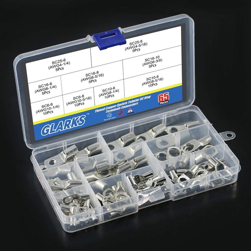 Glarks 65Pcs Assorted Heavy Duty Wire Lugs Battery Cable Tinned