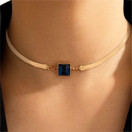 Inateannal Blue Gemstone Square Necklace Gold Blue Topaz Chain Necklace Herringbone Gemstone Choker Necklace Flat Snake Chain Collar Necklace Jewelry for Women and Girls
