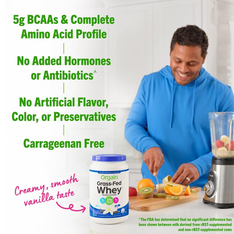 Orgain Whey Protein Powder, Vanilla Bean- 21g Grass Fed Dairy