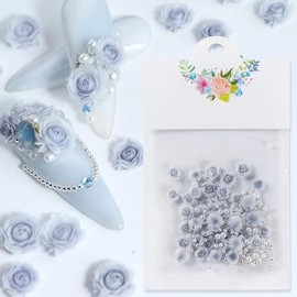 30Pcs Pink Rose Flower 3D Nail Charms Mixed with Pearl Beads Rhinestone, Great Gift for Women, Girlfriends Valentine's Day Nail Decoration Manicure Supplies Luxury Parts. (Light Gray)