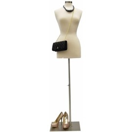 (JF-F6/8W+BS-05) Size 6-8 Premium White Female Fully Pinnable Mannequin Dress Form with Rectangle Brushed Metal Base with Neck Top