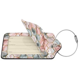 2 Pack Luggage Tag for Suitcases, Gray Red Hexagon Marble Leather Baggage Tags Identifiers for Travel, Stainless Steel Loop Name ID Label for Women Men Bag Backpack