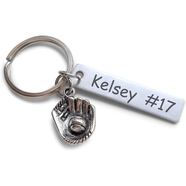 Custom Engraved Stainless Steel Keychain with Baseball Mitt Charm; Baseball