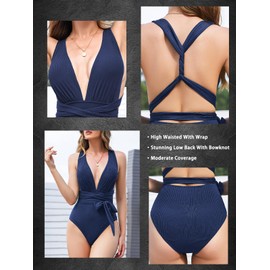 MOLYBELL Women's Plunge 0ne Piece Bathing Suit Deep V Neck Swimsuits Crisscross Wrap Tie Monokini High Waisted Tummy Control Swimwear (Purple Grey Rib, Small)