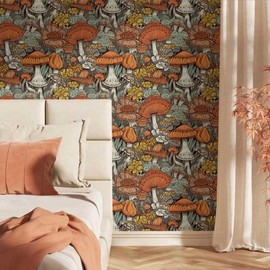 MuralPeel Boho Orange Mushroom Forest Yellow Flowers Peel and Stick Wallpaper Self Adhesive Removable Easy Peel Off Stick on Wall Paper for Bedroom Cabinet Renter Friendly