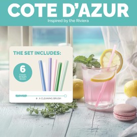 Simply Straws 6 Inch Glass Straws Straight (6-Pack) – Reusable Glass Straws for Low Balls & Stemless Glasses, with Cleaning Brush – Dishwasher Safe, Hot & Cold Use, BPA-Free (Cote d'Azur)