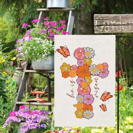 He Is Risen Easter Garden Flag 12x18 Inch Vertical Double Sided, Cross Floral Butterfly Yard Flags for Outside Religious Decor, Spring Holiday Outdoor Seasonal Decorations for Home
