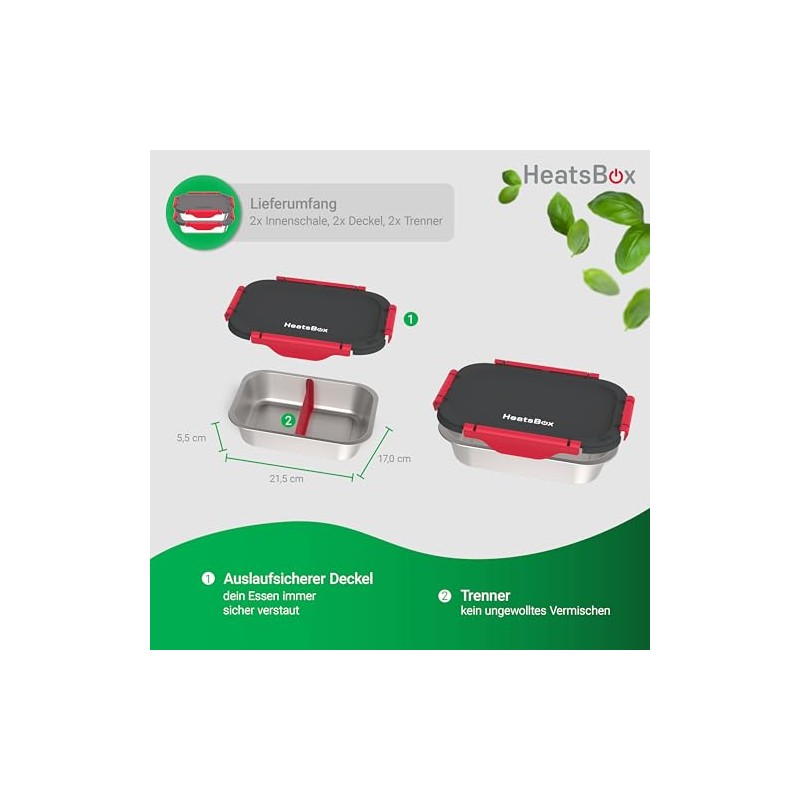 Faitron Innenschalen 2er-Set, Auslaufsichere Edelstahl-Schalen mit Trennsteg und Transportdeckel, Hitzebeständig