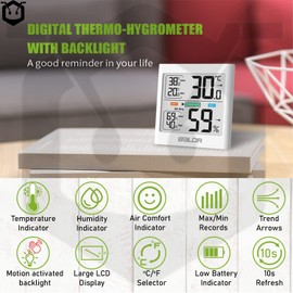 Temperature and Humidity Smart Sensor. Easy to Read, Real Time Monitoring Wireless Indoor Thermometer Hygrometer Monitor Gauge. Large Backlit LCD Display for Baby Room, Home, Greenhouse, Wine Cellar