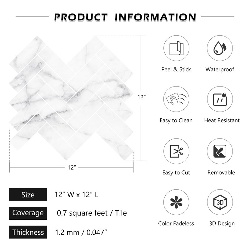 LaCheery 18 Tiles 12"x12" Marble Herringbone Peel and Stick Backsplash