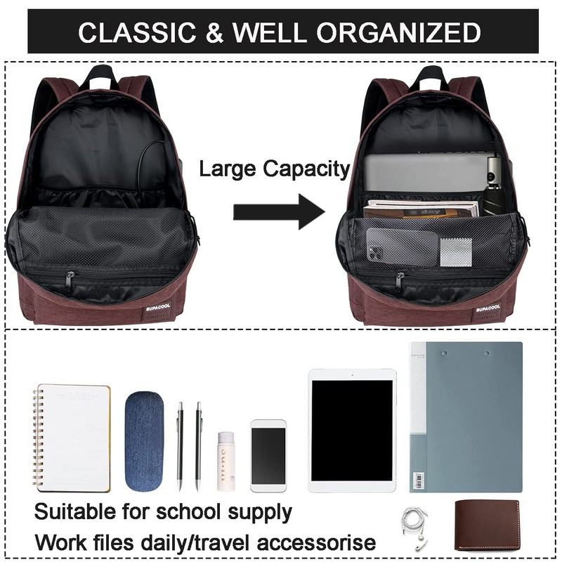 SUPACOOL Lightweight Casual Laptop Backpack with USB Charging Port For