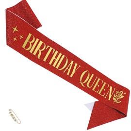 ZHBDPaty "Birthday Queen Birthday Sash Glitter with Pearl Safety Pin Party Favors For Girl Women (Red, Stardard)