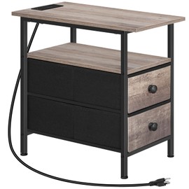 HOOBRO End Table with Charging Station, Narrow Side Table, Nightstand with 2 Non-Woven Drawers, Slim Sofa Side Table, for Small Spaces, Living Room, Bedroom, Greige and Black BG486UBZ01