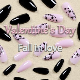 Valentine's Day Press on Nails Medium Almond Shape, Black Heart Fake Nails Gel Glue on Nails with Curve Line Polka Dots Design, Glossy Black Solid Color Manicure Art Acrylic False Nails Stick on Nails
