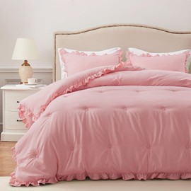 HARBOREST King Comforter Set Pink - Ruffle Comforter for King Size Bed, Fluffy King Size Comforter Set for All Seasons, 3 Pieces Shabby Chic Bedding Comforter Set(1 Comforter & 2 Pillow Shams)