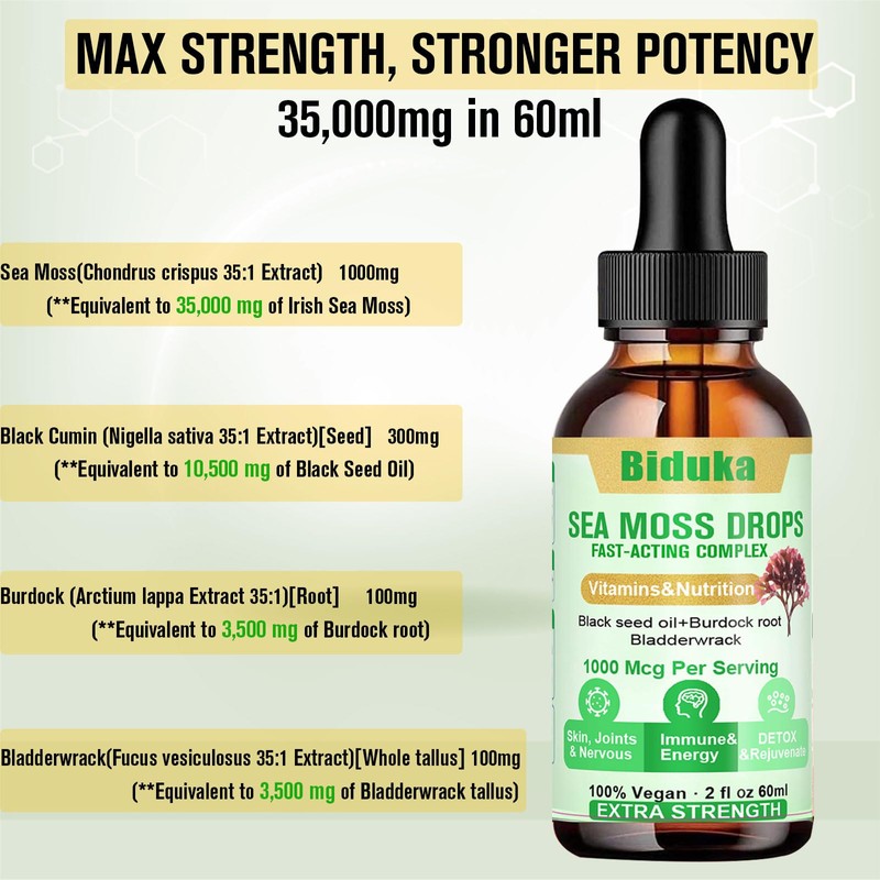 Irish Sea Moss Drops Black Seeds Oil, Bladderwrack, Burdock Root,