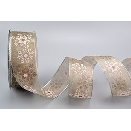 Decorative Ribbon "Wonder Snowflakes" Taupe/Silver 20 m x 40 mm Gift Ribbon Christmas Grey Transparent Ribbon Fabric Ribbon Snowflakes Stars Shiny Edges with Wire