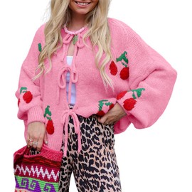 chouyatou Women's Cute Y2K Cherry Tie Knot Cardigan Casual Loose Crewneck Chunky Knit Sweater Cardigan (X-Large, Rose Pink)